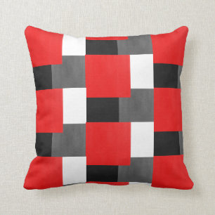Red Grey Black and White Geometric Block Pattern Cushion