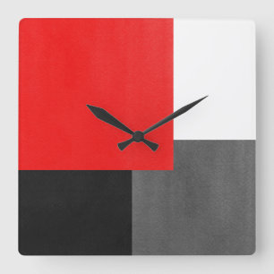 Red Grey Black and White Geometric Block Square Wall Clock