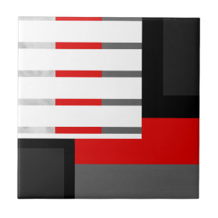 Red Grey Black and White Striped Geometric Block Ceramic Tile