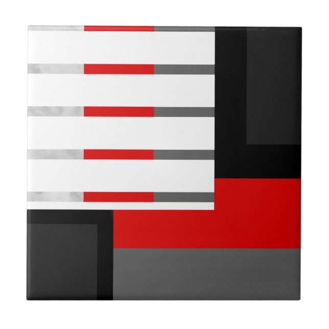 Red Grey Black and White Striped Geometric Block Ceramic Tile (Front)