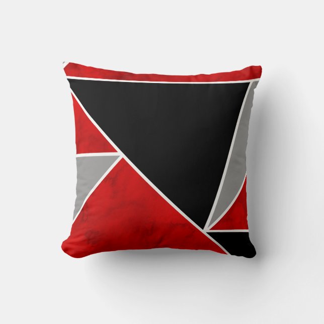 Red Grey Black Colour Block Geometric Cushion (Front)