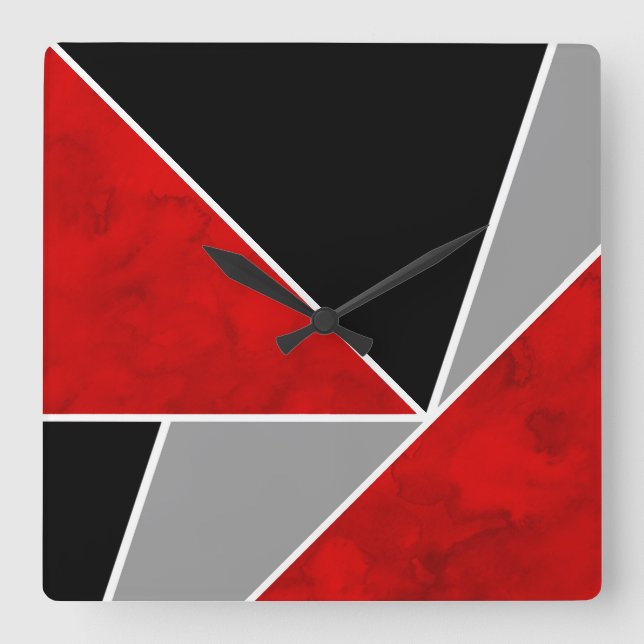 Red Grey Black Colour Block Square Wall Clock (Front)