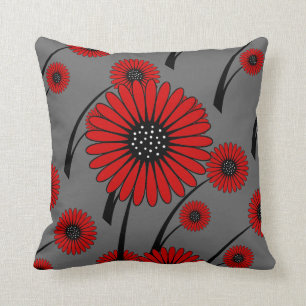 Red Grey Black Floral Flowers Cushion
