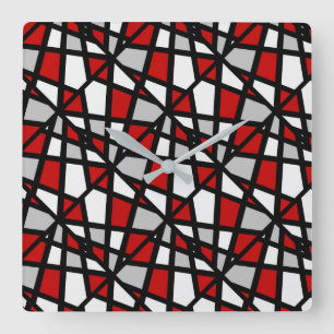 Red Grey Black Geometric Pattern Square Wall Clock