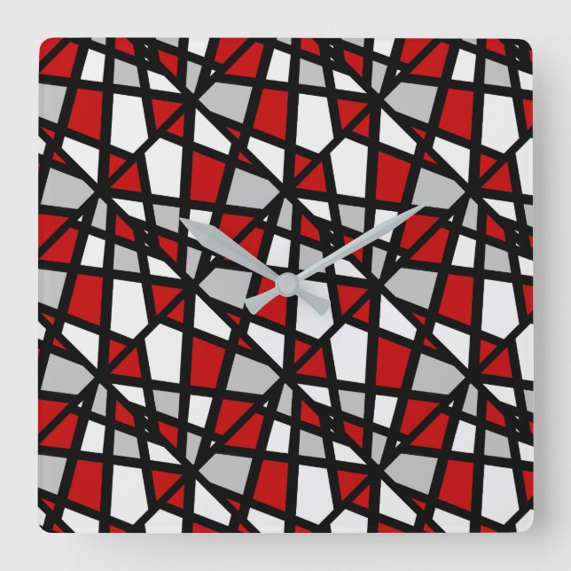 Red Grey Black Geometric Pattern Square Wall Clock (Front)
