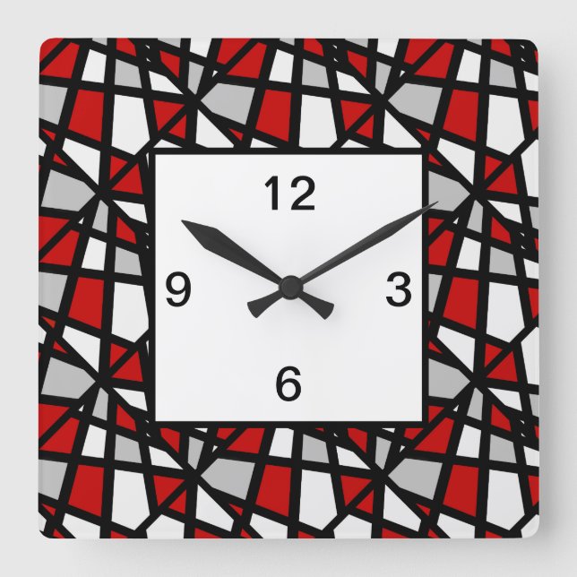 Red Grey Black Geometric Pattern Square Wall Clock (Front)