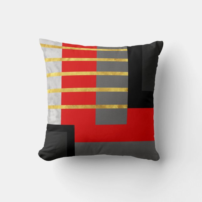 Red Grey Black Gold Striped Block Cushion (Front)