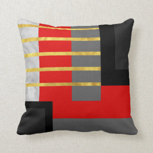 Red Grey Black Gold Striped Block Cushion