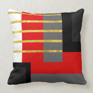 Red Grey Black Gold White Striped Block Throw Pill Cushion