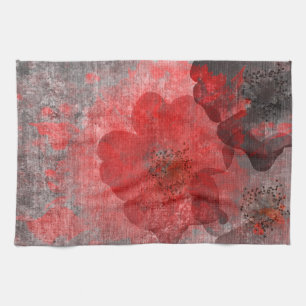 Red Grey Black Grunge Digital Graphic Art Design Tea Towel