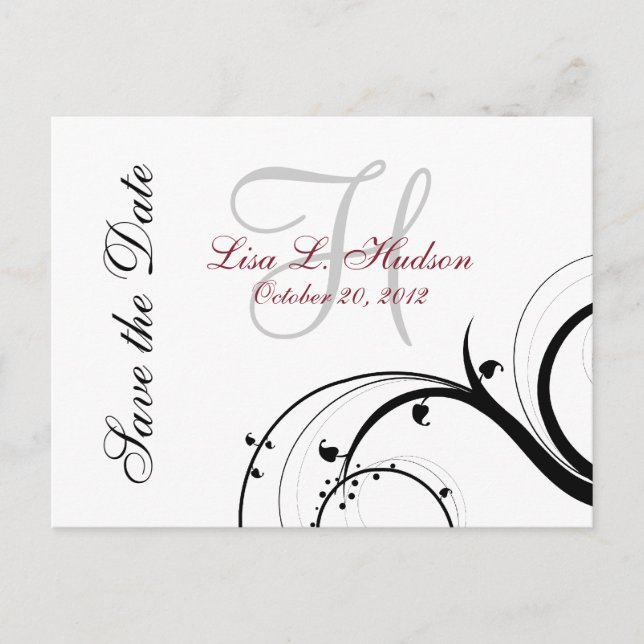 Red, Grey, Black Swirls Save the Date Postcard (Front)