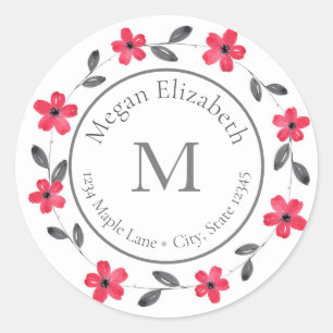 Red Grey Black Watercolor Floral Wreath labels
