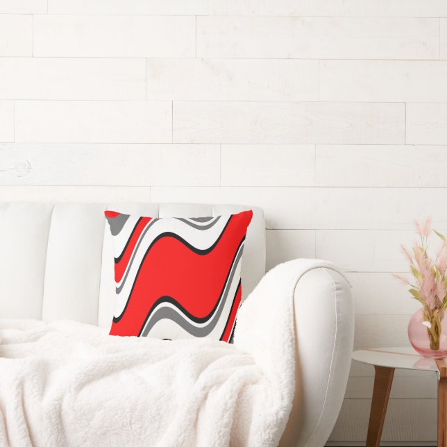 Red Grey Black White Abstract Waves Cushion (Couch)