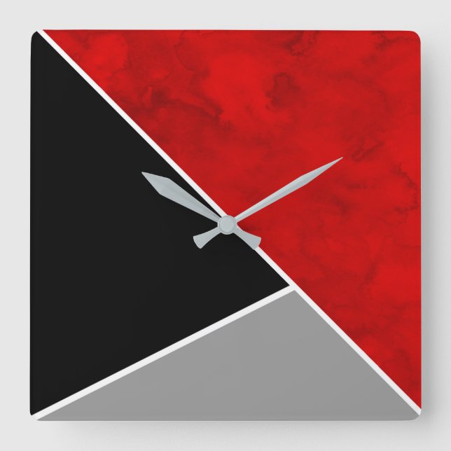 Red Grey Black White Colour Block Square Wall Clock (Front)