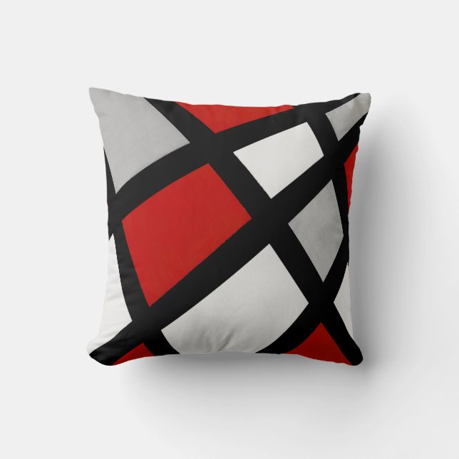Red Grey Black White Geometric Cushion (Front)