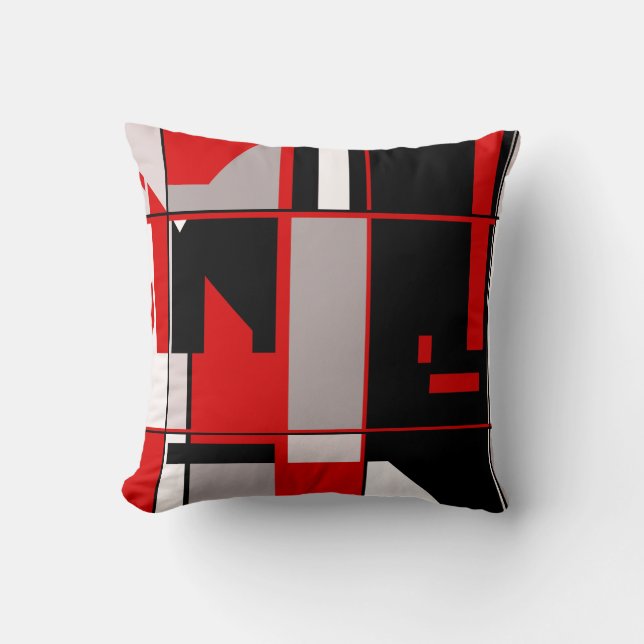 Red Grey Black White Geometric Mosaic-like Design Cushion (Front)