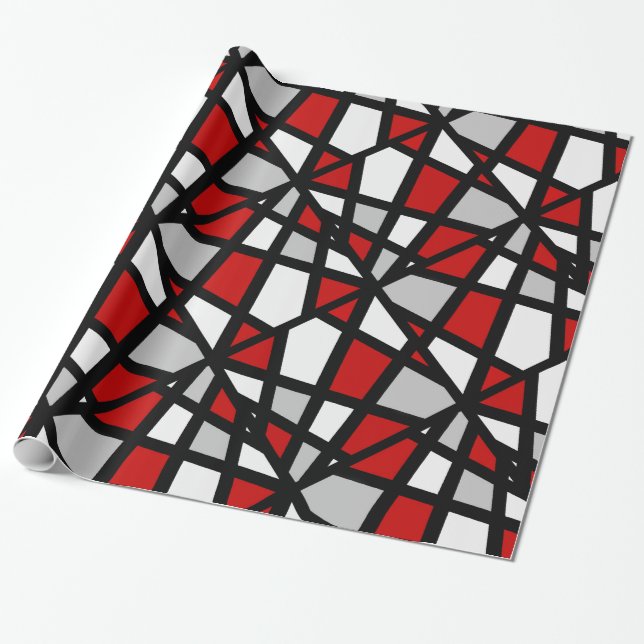 Red Grey Black White Geometric Pattern Wrapping Paper (Unrolled)