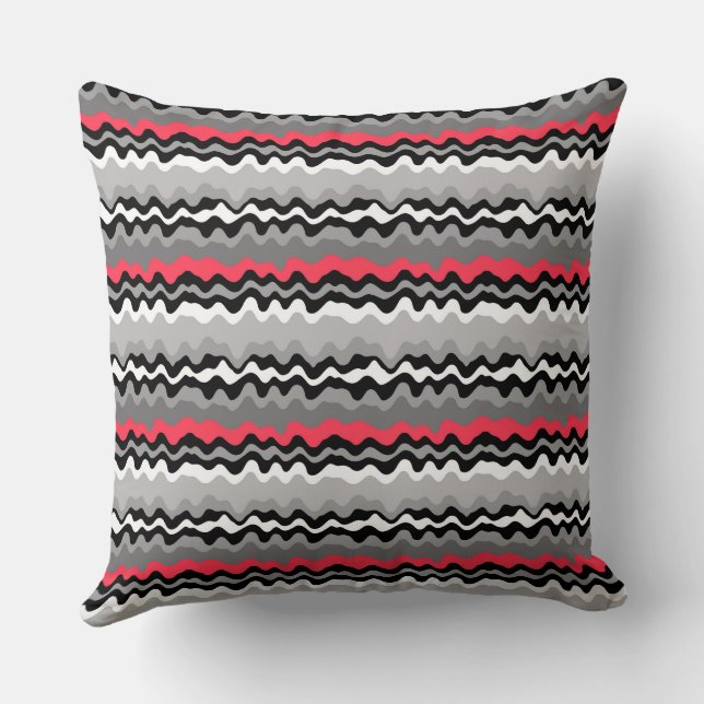 Red grey black white horizontal wavy stripes retro cushion (Back)