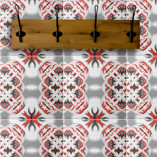 Red Grey Black White Tribal Abstract Kaleidoscope Ceramic Tile