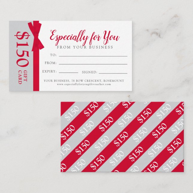 Red grey bow business gift card voucher  (Front/Back)