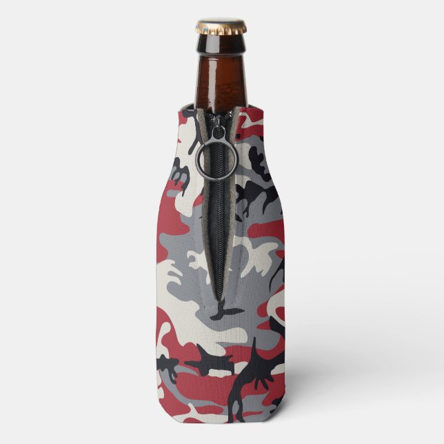 Red Grey Camo Camouflage Pattern Bottle Cooler (Bottle Back)