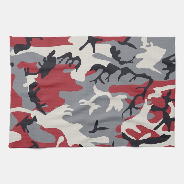 Red Grey Camo Camouflage Pattern Tea Towel (Horizontal)