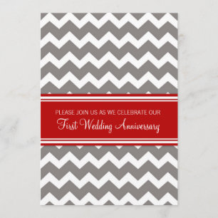 Red Grey Chevron 1st Anniversary Invitation