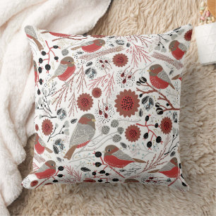 Red Grey Chickadees Pattern With Floral Cushion