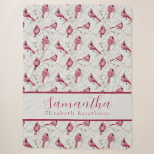 Red Grey Christmas Cardinal Bird Personalised Name Sherpa Blanket