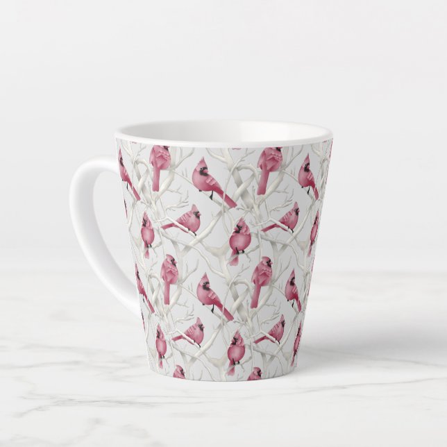 Red & Grey Christmas Cardinal Birds Pattern Latte Mug (Left Angle)