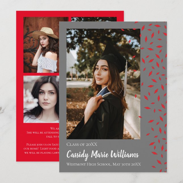 Red Grey Confetti Graduation Announcement (Front/Back)
