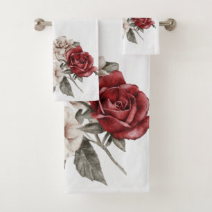 Red Grey & Cream Boho Flower Bouquet Bath Towel Set