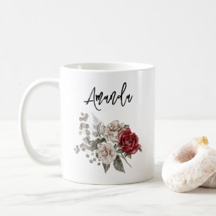 Red Grey & Cream Boho Flower Bouquet Coffee Mug