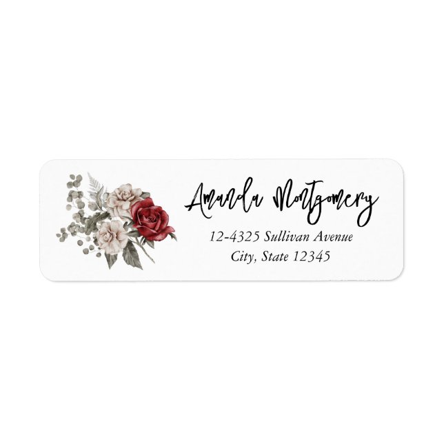 Red Grey & Cream Boho Flower Bouquet Return Address Label (Front)