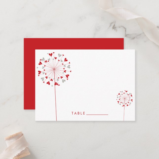 Red & Grey Dandelion Flowers Love Hearts Wedding Place Card (Front/Back In Situ)