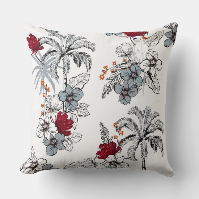 Red/Grey Floral Bird Pillow (Front)