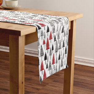 Red Grey Forest Trees Boho Winter Pattern Short Table Runner