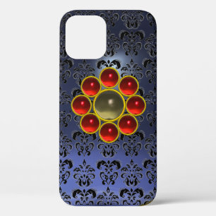 RED GREY GEMSTONE MON Blue Black Damask   iPhone 12 Case
