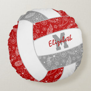 red grey girls boho feathers pattern volleyball round cushion