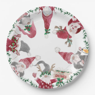 Red Grey Gnomes Christmas Party Decor Watercolor Paper Plate