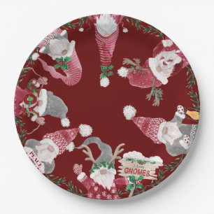 Red Grey Gnomes Christmas Watercolor Leaf Foliage Paper Plate
