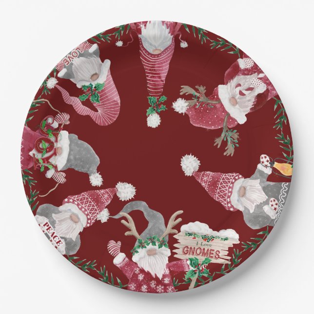 Red Grey Gnomes Christmas Watercolor Leaf Foliage Paper Plate (Front)