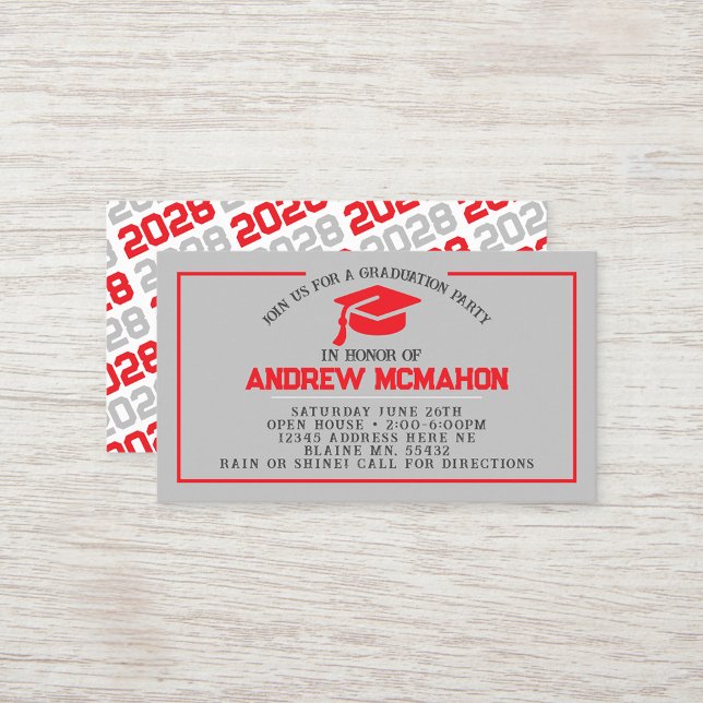 Red & Grey Graduation Mini Graduation Invites (Red and Silver Grey Grad Cap Mini Graduation Invites for Friends, Team Mates or as Inserts!)