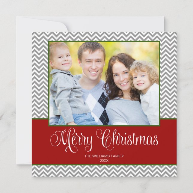 Red Grey Green Chevron Christmas Square Photo Card (Front)