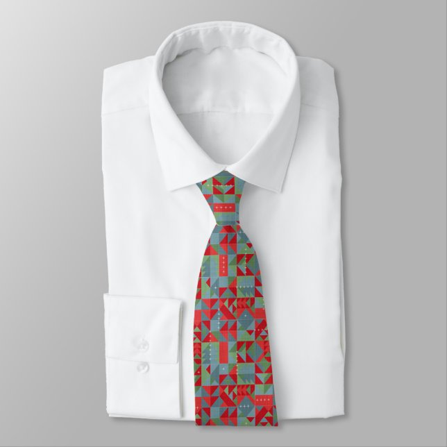 Red, grey, green geometric pattern. tie (Tied)