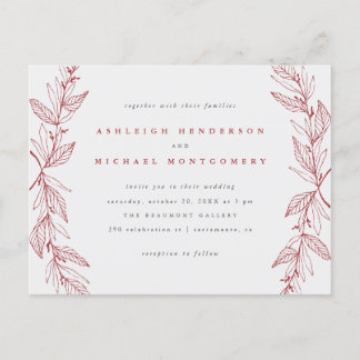 Red & Grey Hand-drawn Botanical Wreath Wedding Invitation Postcard