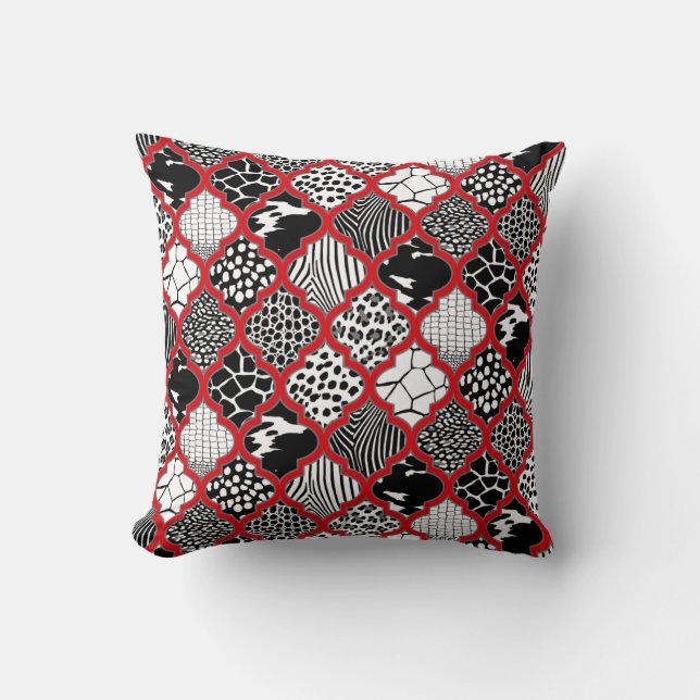 Red Grey Hollywood Regency Moroccan Animal Print Cushion (Front)