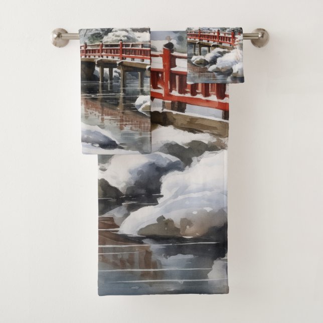Red Grey Japanese Pagoda Soribashi Winter Bath Towel Set (Insitu)
