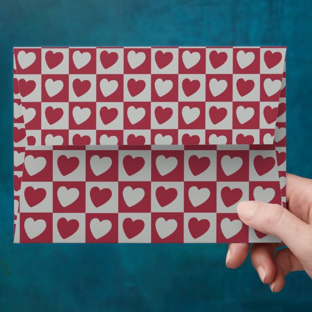 Red Grey Love Hearts Chequered Pattern  Envelope (Hand)