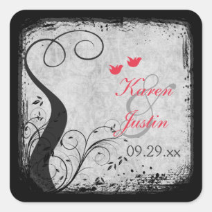 Red, Grey Lovebirds, Birdcage Wedding Sticker